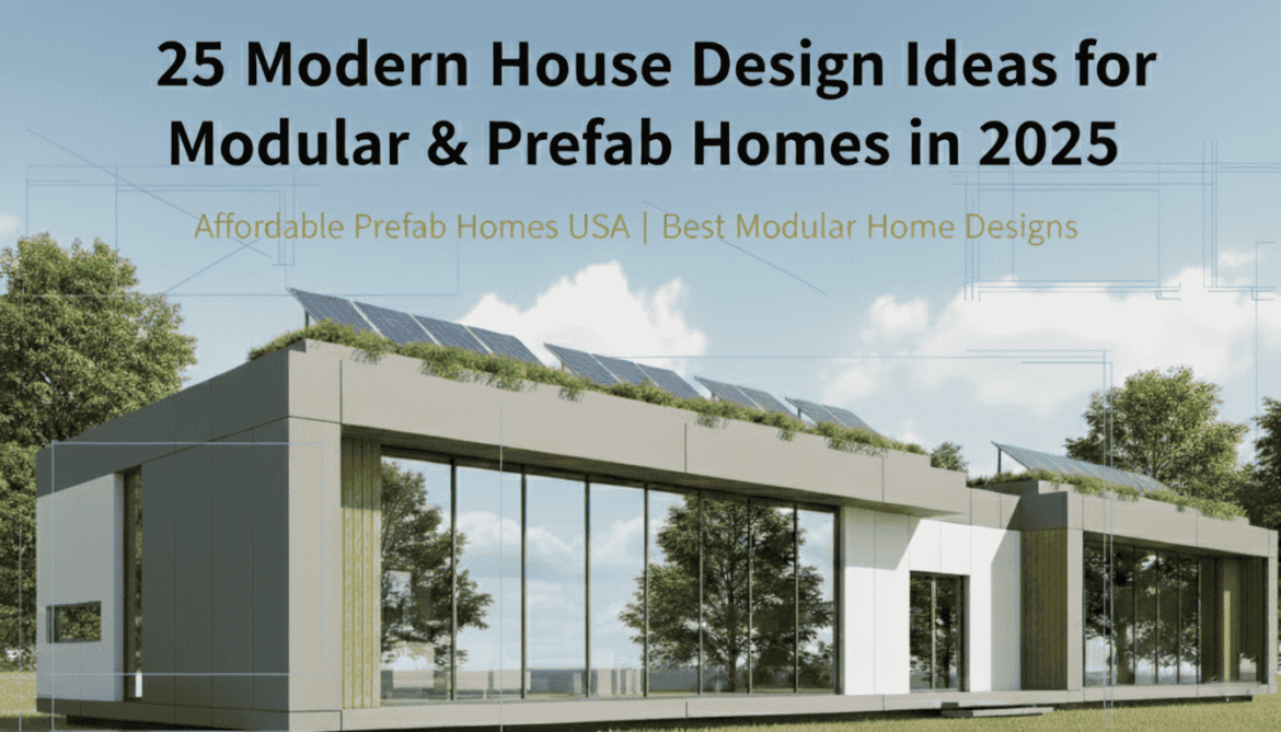 Modern prefab modular home with solar panels – blog cover for 25 design ideas.