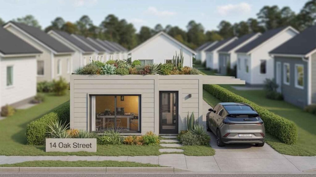 Small prefab home with rooftop garden and carport in USA suburb.
