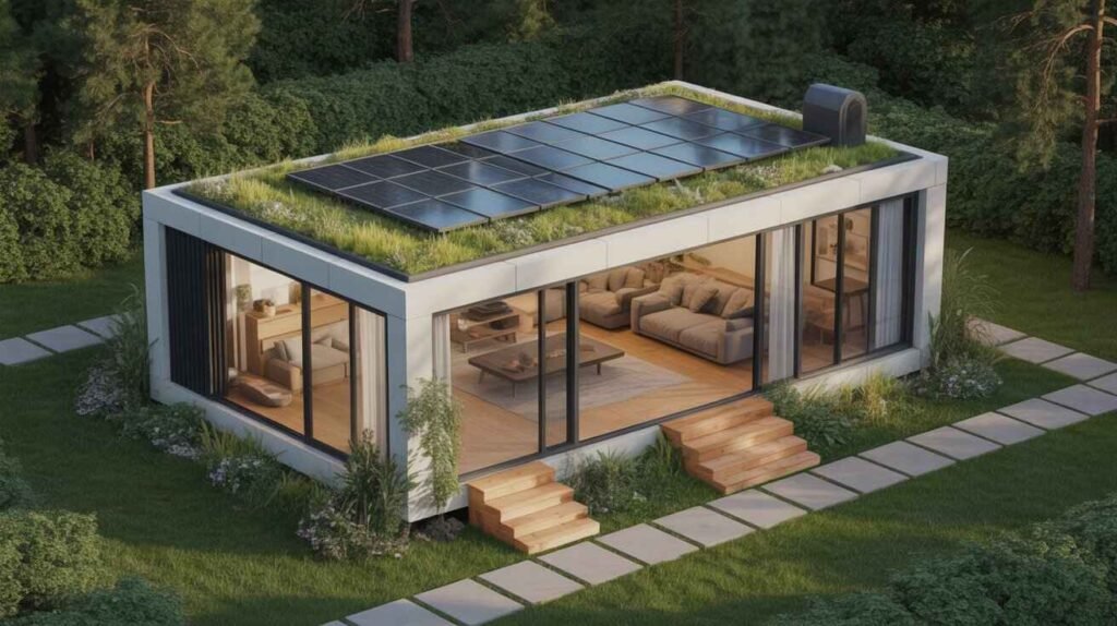 Eco-friendly modular home with solar panels and green roof in forest.