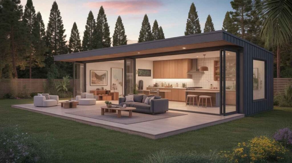 Family-friendly prefab home with backyard and open kitchen visible.