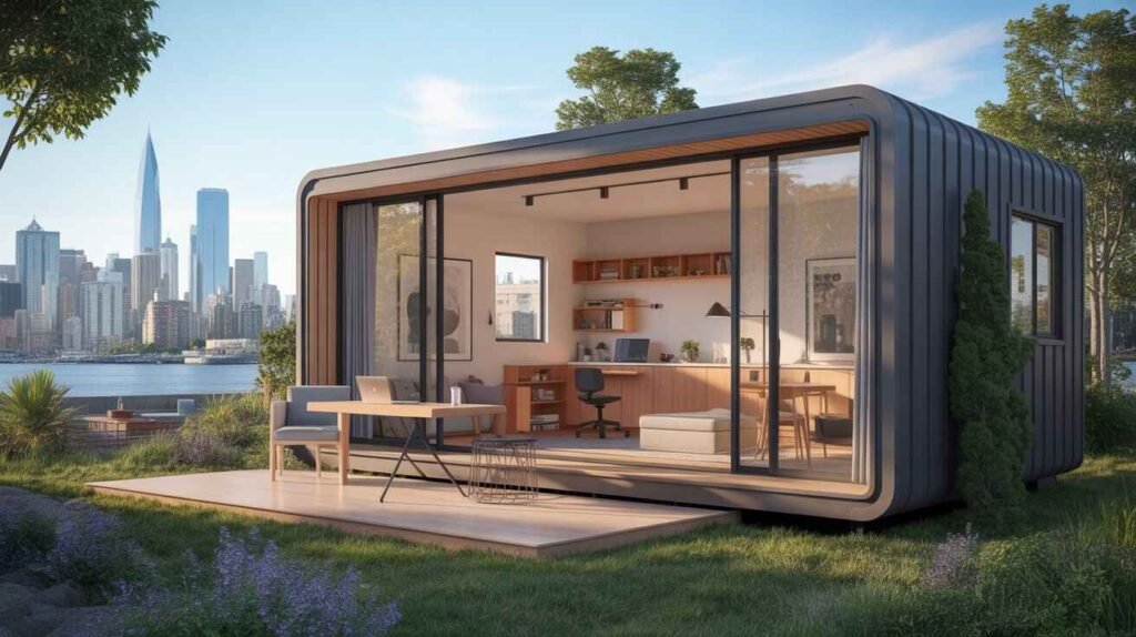 Prefab smart pod modular home with home office in New York City skyline.