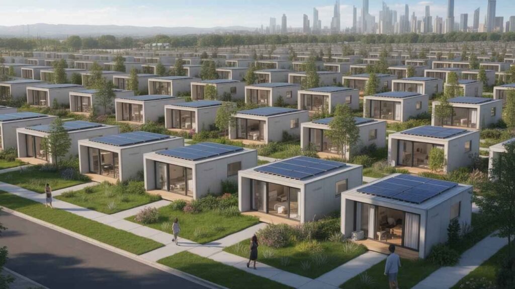Futuristic neighborhood of modular prefab homes with solar panels.