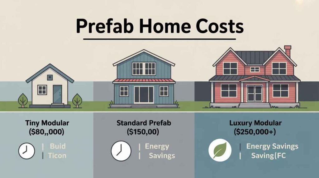 Infographic comparing prefab home costs – tiny, standard, and luxury modular homes.
