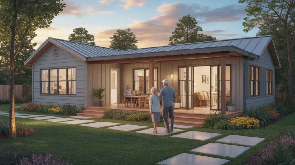 Senior couple outside a prefab home with accessible single-level design.